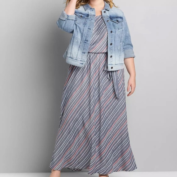 Lane Bryant Dresses & Skirts - Lane Bryant Women 20 Blue Striped Belted Scoop Neck Sleeveless Maxi Dress